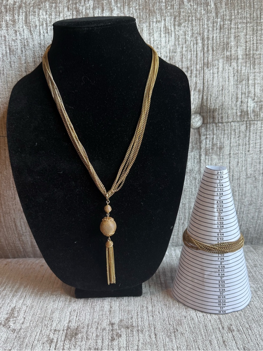 1960s Emmons Gold Tone Multi-Strand Liquid Mesh Chain Tassel Necklace & Bracelet